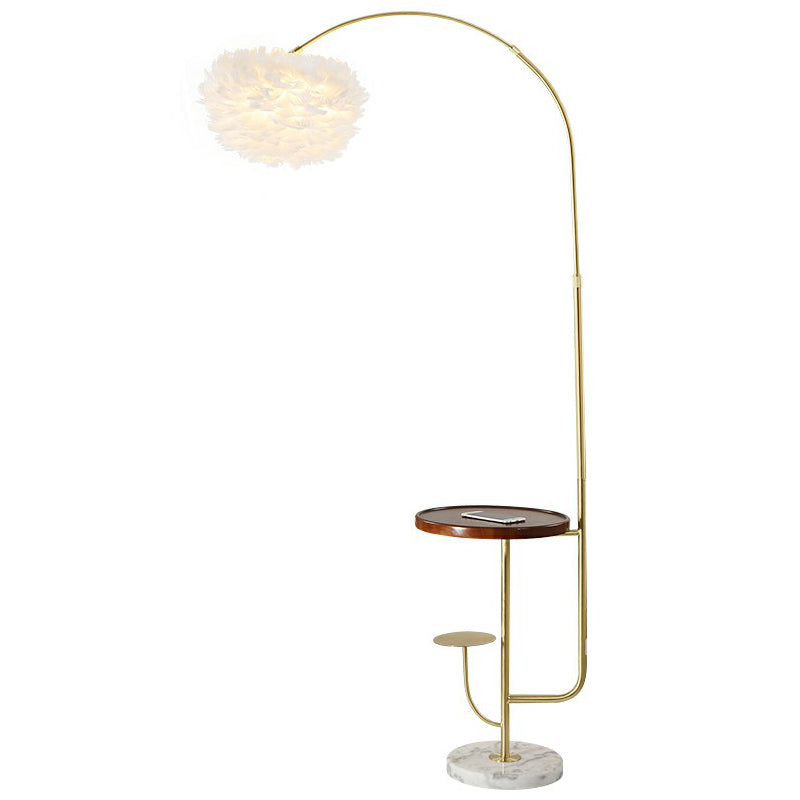 Fishing Rod Living Room Floor Light Metallic 1 Head Simplistic Standing Lamp  with Tray and Feather Shade - Clearhalo