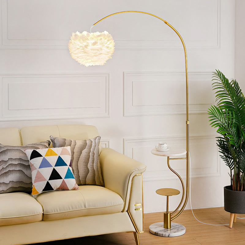 Modern Hemisphere Floor Light Feather Single Living Room Arched Standing Lamp with Tray Gold B Clearhalo 'Floor Lamps' 'Lamps' Lighting' 2196980