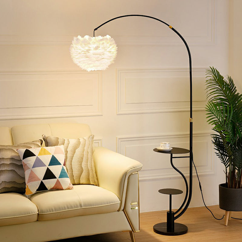 Modern Hemisphere Floor Light Feather Single Living Room Arched Standing Lamp with Tray Black A Clearhalo 'Floor Lamps' 'Lamps' Lighting' 2196985