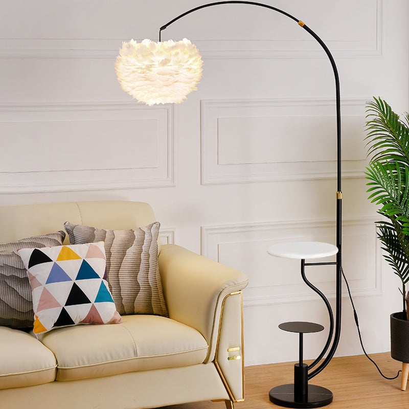 Modern Hemisphere Floor Light Feather Single Living Room Arched Standing Lamp with Tray Black B Clearhalo 'Floor Lamps' 'Lamps' Lighting' 2196986