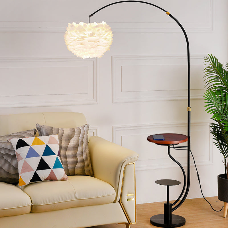 Modern Hemisphere Floor Light Feather Single Living Room Arched Standing Lamp with Tray Black C Clearhalo 'Floor Lamps' 'Lamps' Lighting' 2196987