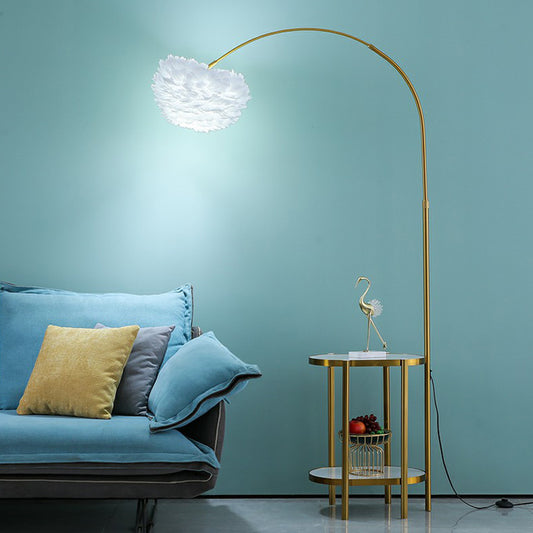 Arc Arm Standing Light Modern Metallic 1-Light Living Room Floor Lighting with Feather Shade and 2-Tier Shelf Gold Oval Clearhalo 'Floor Lamps' 'Lamps' Lighting' 2196988