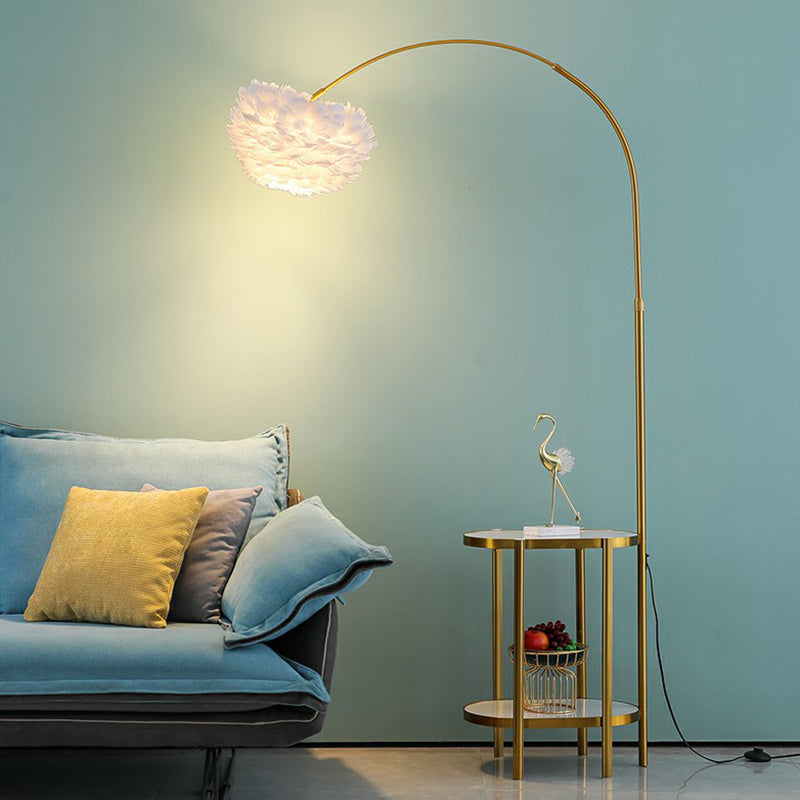 Arc Arm Standing Light Modern Metallic 1-Light Living Room Floor Lighting with Feather Shade and 2-Tier Shelf Clearhalo 'Floor Lamps' 'Lamps' Lighting' 2196989