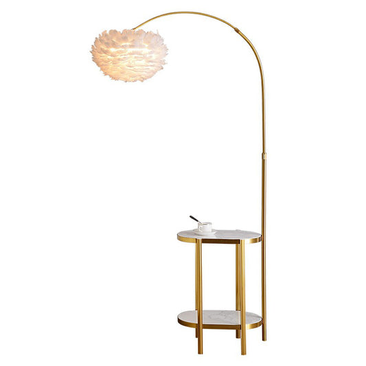 Arc Arm Standing Light Modern Metallic 1-Light Living Room Floor Lighting with Feather Shade and 2-Tier Shelf Clearhalo 'Floor Lamps' 'Lamps' Lighting' 2196991
