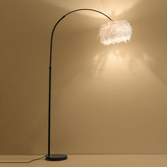 Feather Drum Stand Up Lamp Simplicity 1 Bulb Floor Lighting with Arc Arm for Living Room Clearhalo 'Floor Lamps' 'Lamps' Lighting' 2196997