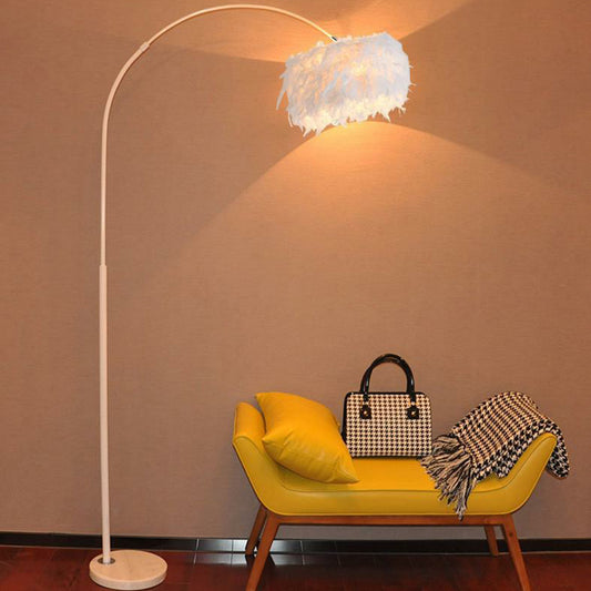 Feather Drum Stand Up Lamp Simplicity 1 Bulb Floor Lighting with Arc Arm for Living Room White Clearhalo 'Floor Lamps' 'Lamps' Lighting' 2196999