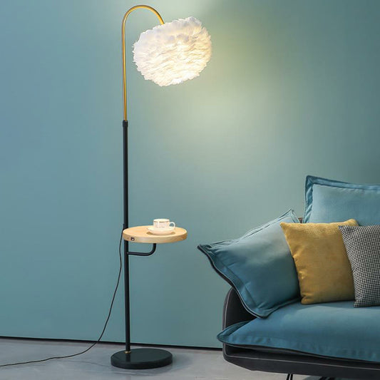 Hemispherical Living Room Floor Lamp Feather Single-Bulb Minimalist Standing Lighting with Tray Black Clearhalo 'Floor Lamps' 'Lamps' Lighting' 2197003