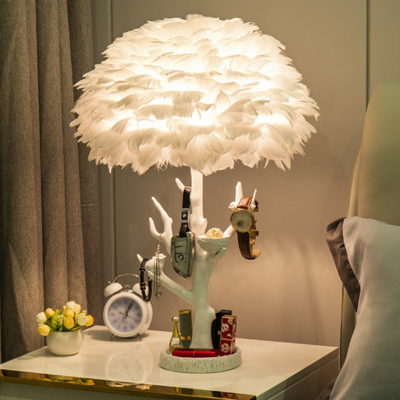 Artistic Tree Branch Table Light Resin Single Living Room Nightstand Lighting with Feather Shade in White Clearhalo 'Lamps' 'Table Lamps' Lighting' 2197005
