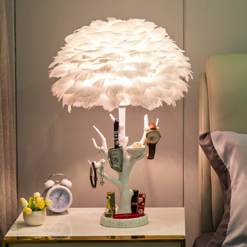 Artistic Tree Branch Table Light Resin Single Living Room Nightstand Lighting with Feather Shade in White Clearhalo 'Lamps' 'Table Lamps' Lighting' 2197006