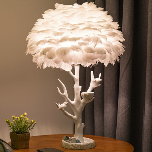 Artistic Tree Branch Table Light Resin Single Living Room Nightstand Lighting with Feather Shade in White White B Clearhalo 'Lamps' 'Table Lamps' Lighting' 2197007