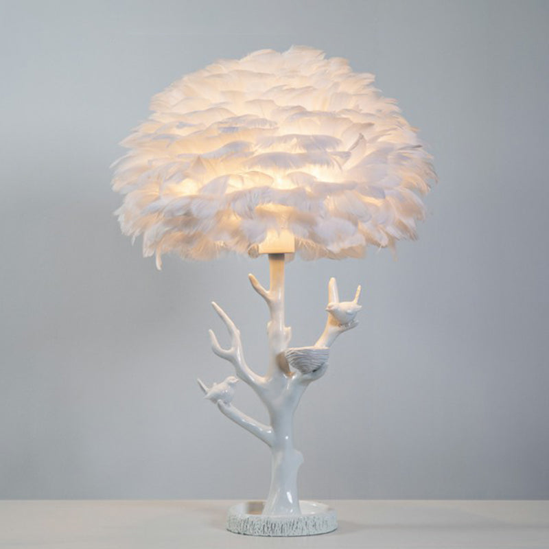 Artistic Tree Branch Table Light Resin Single Living Room Nightstand Lighting with Feather Shade in White Clearhalo 'Lamps' 'Table Lamps' Lighting' 2197009
