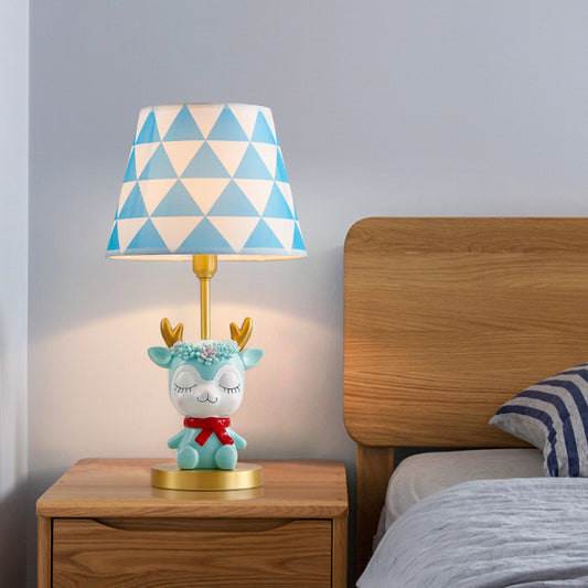 Fabric Tapered Drum Table Lighting Kids 1-Light Bedside Nightstand Lamp with Resin Deer Clearhalo 'Lamps' 'Table Lamps' Lighting' 2197025