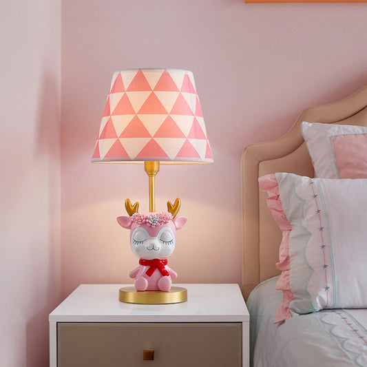 Fabric Tapered Drum Table Lighting Kids 1-Light Bedside Nightstand Lamp with Resin Deer Pink Clearhalo 'Lamps' 'Table Lamps' Lighting' 2197028