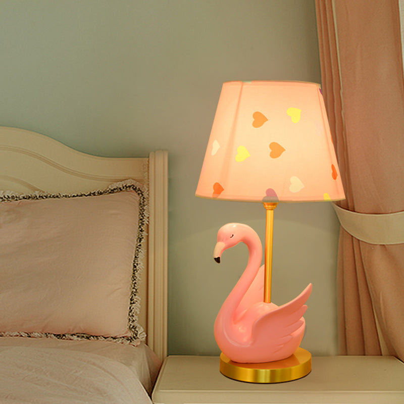Bucket Shade Patterned Fabric Nightstand Lamp Kids Style Single Table Lighting with Decorative Swan Pink Clearhalo 'Lamps' 'Table Lamps' Lighting' 2197029