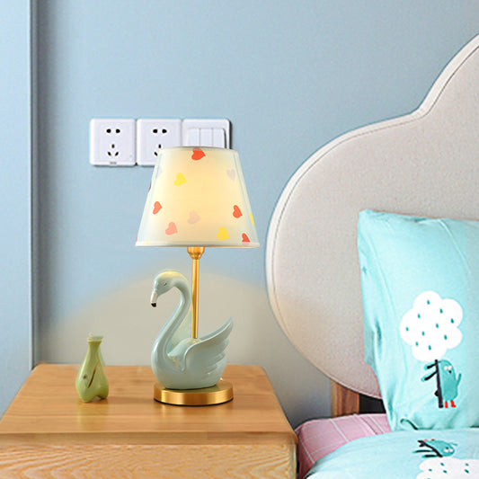 Bucket Shade Patterned Fabric Nightstand Lamp Kids Style Single Table Lighting with Decorative Swan Blue Clearhalo 'Lamps' 'Table Lamps' Lighting' 2197031