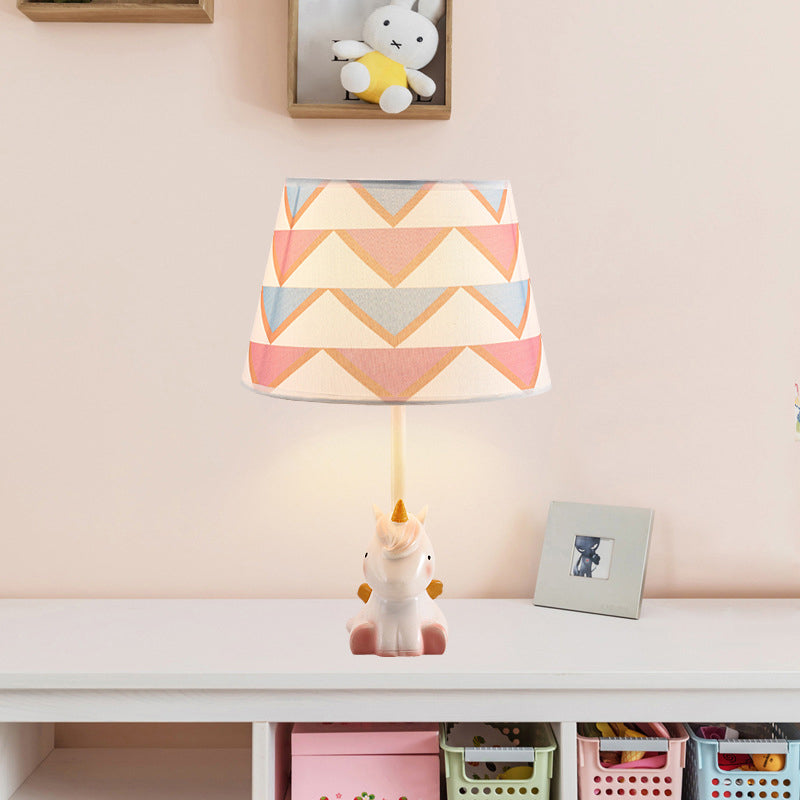 Pink Unicorn Table Lamp Cartoon 1 Head Resin Nightstand Light with Patterned Empire Shade Pink C Clearhalo 'Lamps' 'Table Lamps' Lighting' 2197036