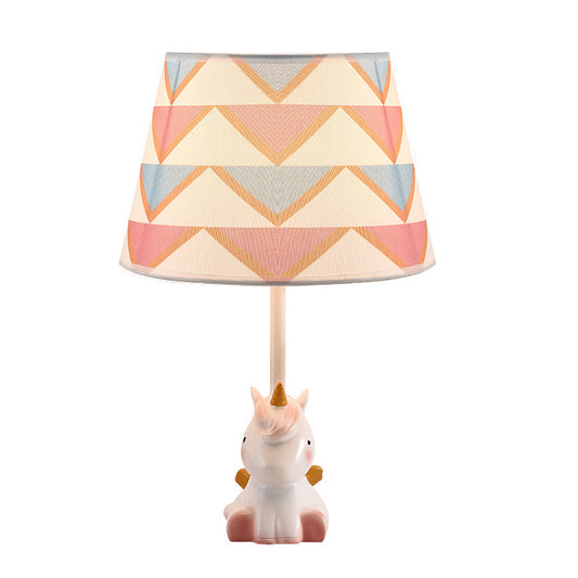 Pink Unicorn Table Lamp Cartoon 1 Head Resin Nightstand Light with Patterned Empire Shade Clearhalo 'Lamps' 'Table Lamps' Lighting' 2197037