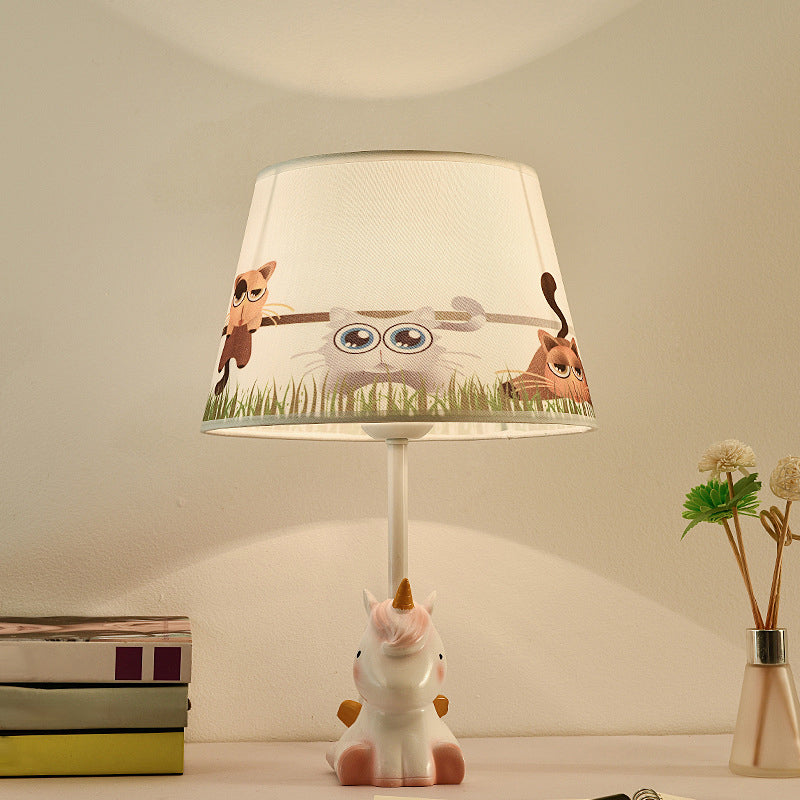 Pink Unicorn Table Lamp Cartoon 1 Head Resin Nightstand Light with Patterned Empire Shade Pink D Clearhalo 'Lamps' 'Table Lamps' Lighting' 2197038