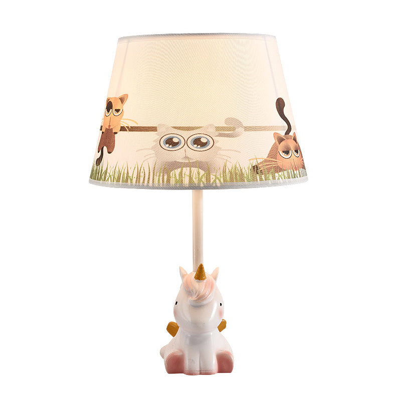 Pink Unicorn Table Lamp Cartoon 1 Head Resin Nightstand Light with Patterned Empire Shade Clearhalo 'Lamps' 'Table Lamps' Lighting' 2197039