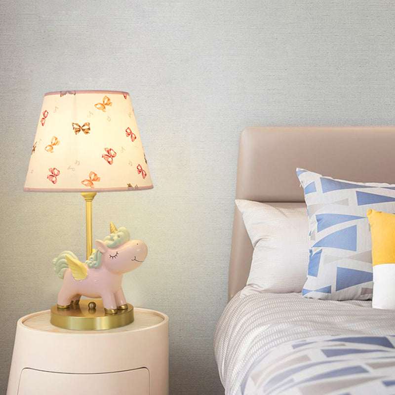 Tapered Bedside Table Light Fabric Single Cartoon Nightstand Lighting with Unicorn Decor Pink Clearhalo 'Lamps' 'Table Lamps' Lighting' 2197042