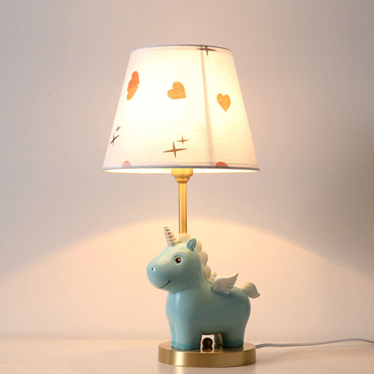 Bucket Table Lighting Kids Patterned Fabric 1-Light Nursery Nightstand Lamp with Resin Unicorn Blue Clearhalo 'Lamps' 'Table Lamps' Lighting' 2197053