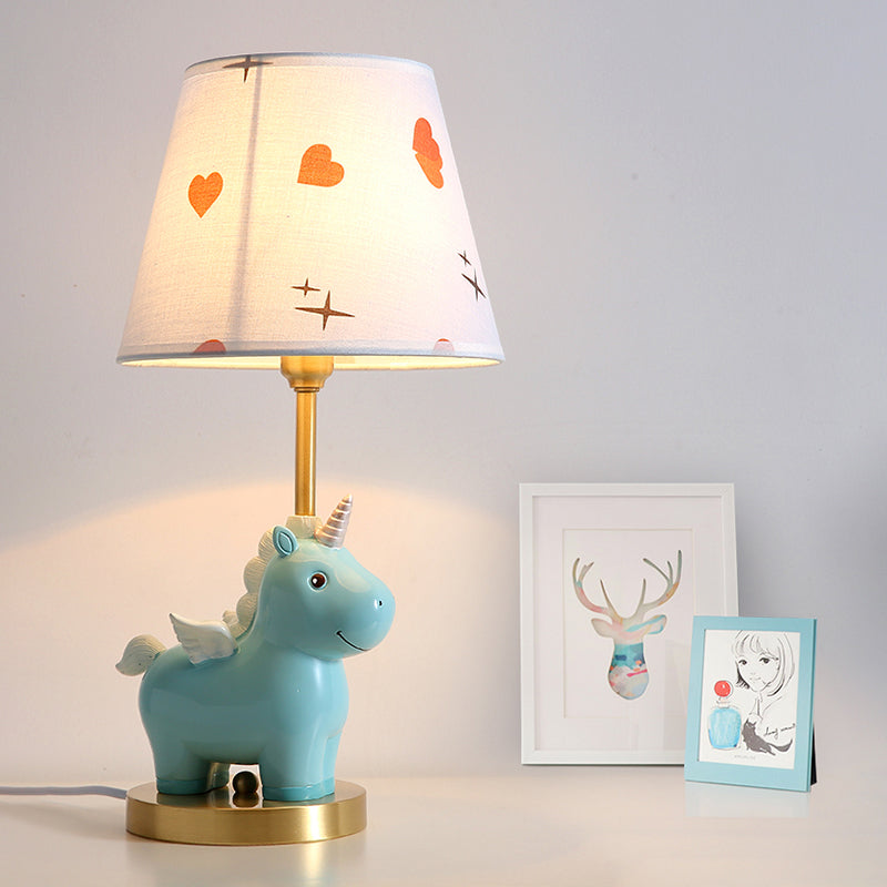 Bucket Table Lighting Kids Patterned Fabric 1-Light Nursery Nightstand Lamp with Resin Unicorn Clearhalo 'Lamps' 'Table Lamps' Lighting' 2197054