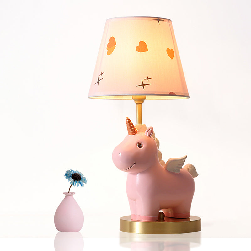 Bucket Table Lighting Kids Patterned Fabric 1-Light Nursery Nightstand Lamp with Resin Unicorn Clearhalo 'Lamps' 'Table Lamps' Lighting' 2197056