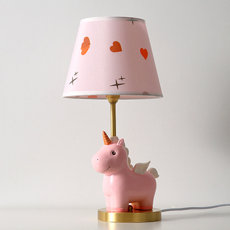 Bucket Table Lighting Kids Patterned Fabric 1-Light Nursery Nightstand Lamp with Resin Unicorn Clearhalo 'Lamps' 'Table Lamps' Lighting' 2197057