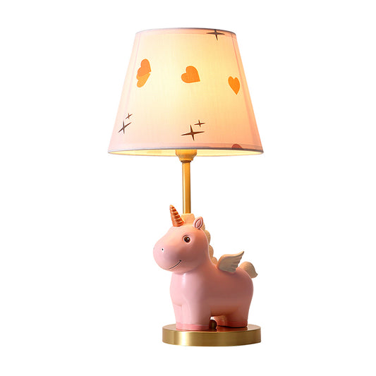 Bucket Table Lighting Kids Patterned Fabric 1-Light Nursery Nightstand Lamp with Resin Unicorn Clearhalo 'Lamps' 'Table Lamps' Lighting' 2197058