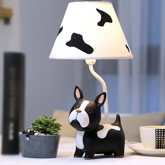 Resin Dog Nightstand Lamp Cartoon 1 Bulb Black and White Table Lighting with Empire Shade Clearhalo 'Lamps' 'Table Lamps' Lighting' 2197060
