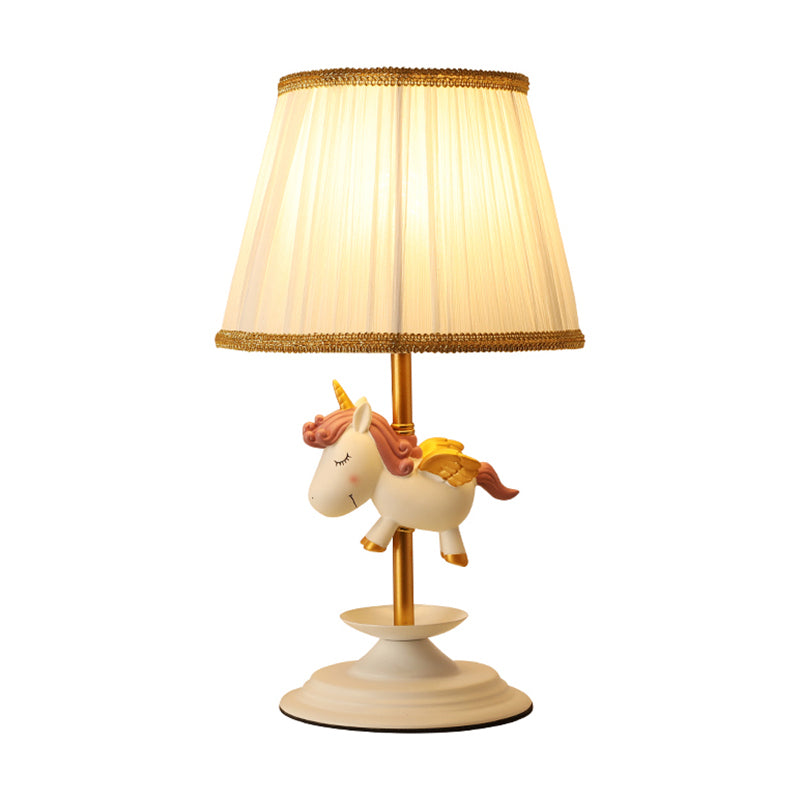 Cartoon Tapered Table Light Pleated Fabric Single Bedside Nightstand Lighting with Decorative Figurine in White Clearhalo 'Lamps' 'Table Lamps' Lighting' 2197069