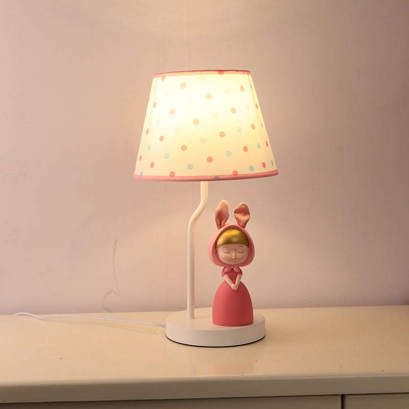 Tapered Drum Nightstand Lamp Kids Fabric Single-Bulb Bedroom Table Light with Resin Figurine in Pink Pink B Clearhalo 'Lamps' 'Table Lamps' Lighting' 2197074