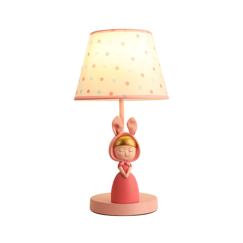 Tapered Drum Nightstand Lamp Kids Fabric Single-Bulb Bedroom Table Light with Resin Figurine in Pink Clearhalo 'Lamps' 'Table Lamps' Lighting' 2197076