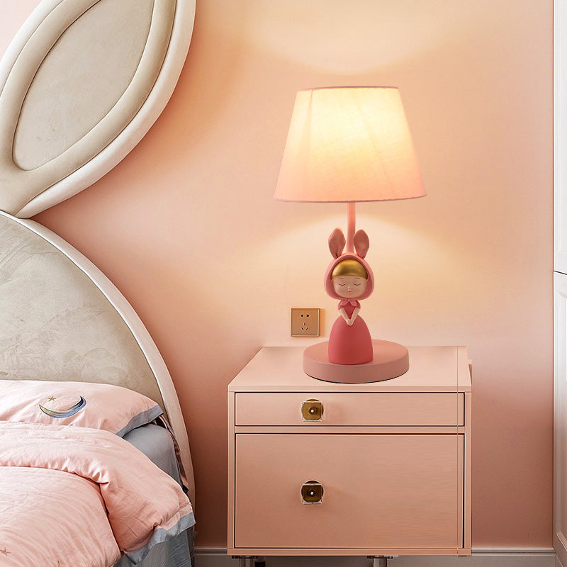 Tapered Drum Nightstand Lamp Kids Fabric Single-Bulb Bedroom Table Light with Resin Figurine in Pink Pink A Clearhalo 'Lamps' 'Table Lamps' Lighting' 2197077