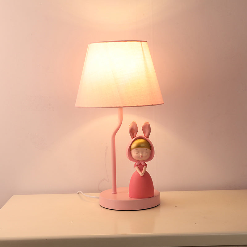 Tapered Drum Nightstand Lamp Kids Fabric Single-Bulb Bedroom Table Light with Resin Figurine in Pink Clearhalo 'Lamps' 'Table Lamps' Lighting' 2197078
