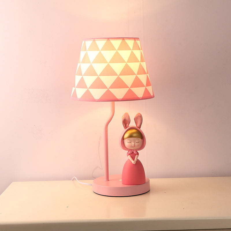 Tapered Drum Nightstand Lamp Kids Fabric Single-Bulb Bedroom Table Light with Resin Figurine in Pink Clearhalo 'Lamps' 'Table Lamps' Lighting' 2197080