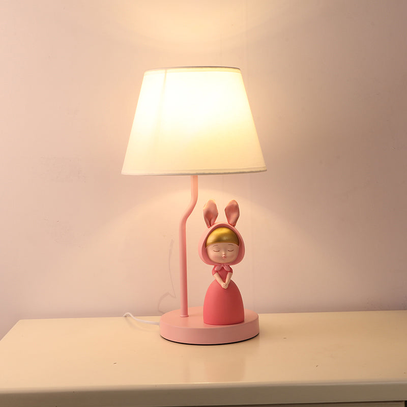 Tapered Drum Nightstand Lamp Kids Fabric Single-Bulb Bedroom Table Light with Resin Figurine in Pink Pink D Clearhalo 'Lamps' 'Table Lamps' Lighting' 2197081