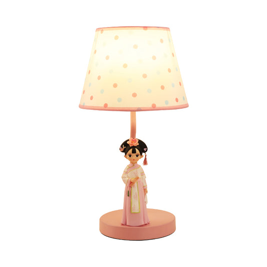 Fabric Bucket Shade Table Lighting Cartoon 1-Light White Nightstand Lamp with Figurine Decor Clearhalo 'Lamps' 'Table Lamps' Lighting' 2197084