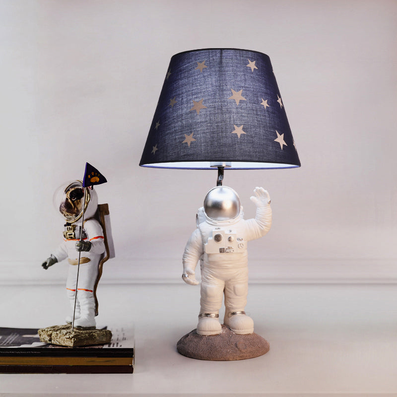 Cartoon Astronaut Table Lighting Resin Single Bedside Nightstand Lamp with Star Patterned Fabric Shade White Clearhalo 'Lamps' 'Table Lamps' Lighting' 2197104