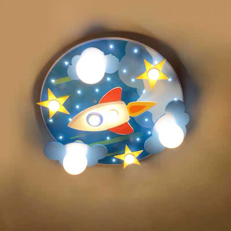 Wooden Rocket and Star Flush Mount Childrens 8 Bulbs Blue Flushmount Ceiling Light Clearhalo 'Ceiling Lights' 'Close To Ceiling Lights' 'Close to ceiling' 'Flush mount' Lighting' 2197175