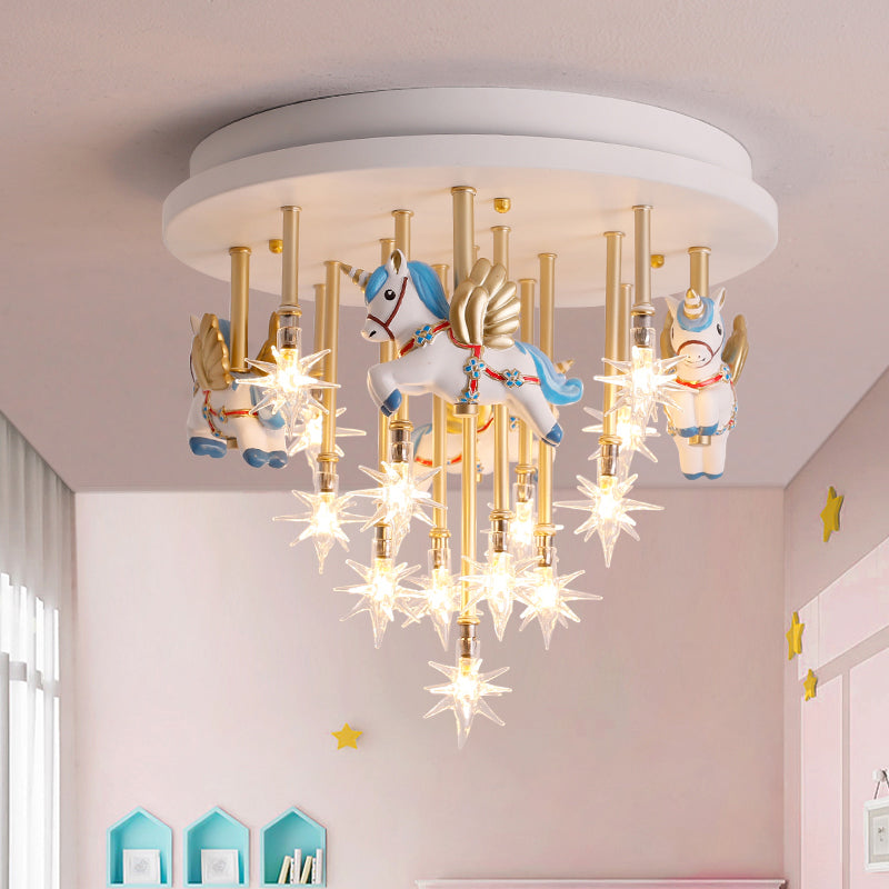 Star Ceiling Light Cartoon Clear Glass 13 Heads Kindergarten Semi Flush Light Fixture with Resin Unicorn Blue A Clearhalo 'Ceiling Lights' 'Close To Ceiling Lights' 'Close to ceiling' 'Semi-flushmount' Lighting' 2197176