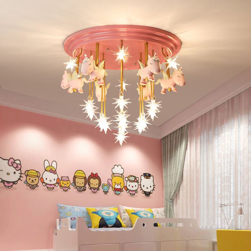 Resin Unicorn LED Semi Flush Nursery Flush Ceiling Light Fixture with Clear Glass Shade 19 Pink Clearhalo 'Ceiling Lights' 'Close To Ceiling Lights' 'Close to ceiling' 'Semi-flushmount' Lighting' 2197181