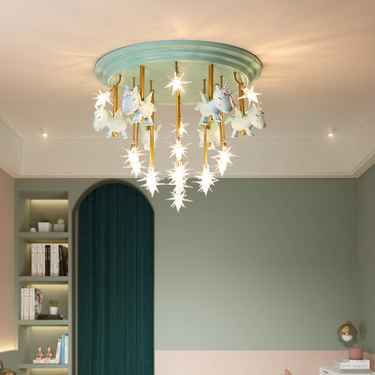 Resin Unicorn LED Semi Flush Nursery Flush Ceiling Light Fixture with Clear Glass Shade 19 Green Clearhalo 'Ceiling Lights' 'Close To Ceiling Lights' 'Close to ceiling' 'Semi-flushmount' Lighting' 2197187