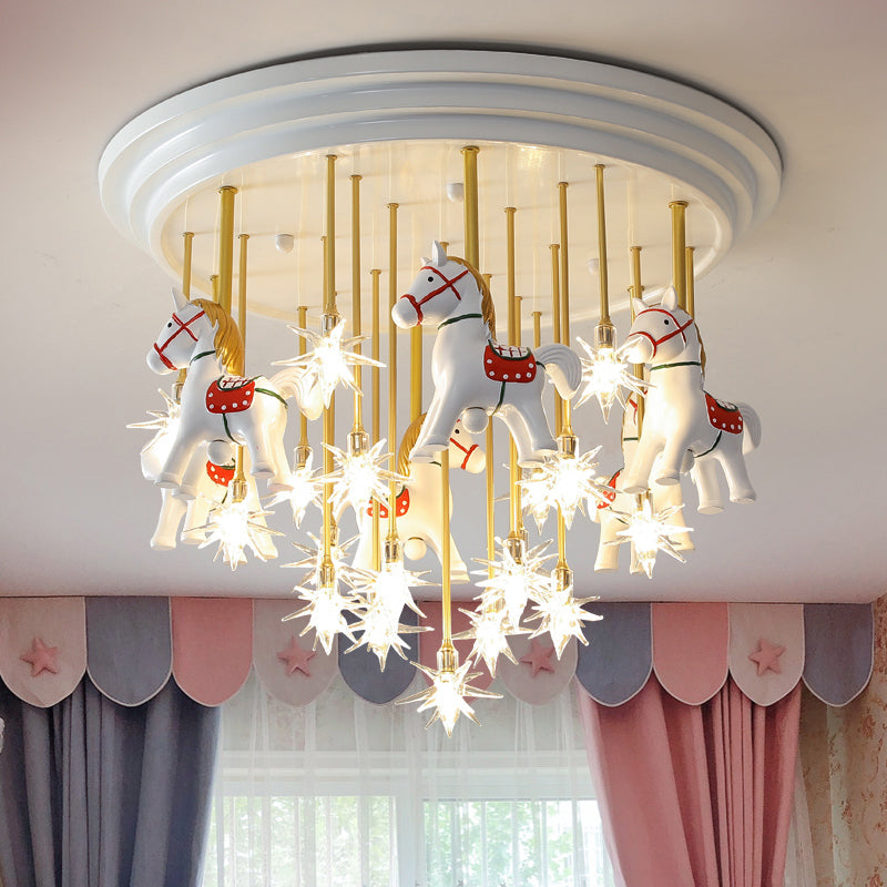 Merry-Go-Round Semi Flush Light Kids Style Metal Nursery LED Ceiling Flush Mount with Resin Horse in White Clearhalo 'Ceiling Lights' 'Close To Ceiling Lights' 'Close to ceiling' 'Semi-flushmount' Lighting' 2197203