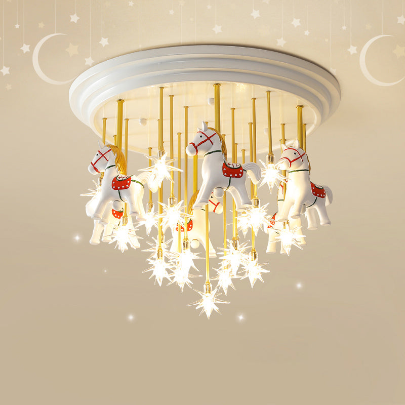 Merry-Go-Round Semi Flush Light Kids Style Metal Nursery LED Ceiling Flush Mount with Resin Horse in White Clearhalo 'Ceiling Lights' 'Close To Ceiling Lights' 'Close to ceiling' 'Semi-flushmount' Lighting' 2197204