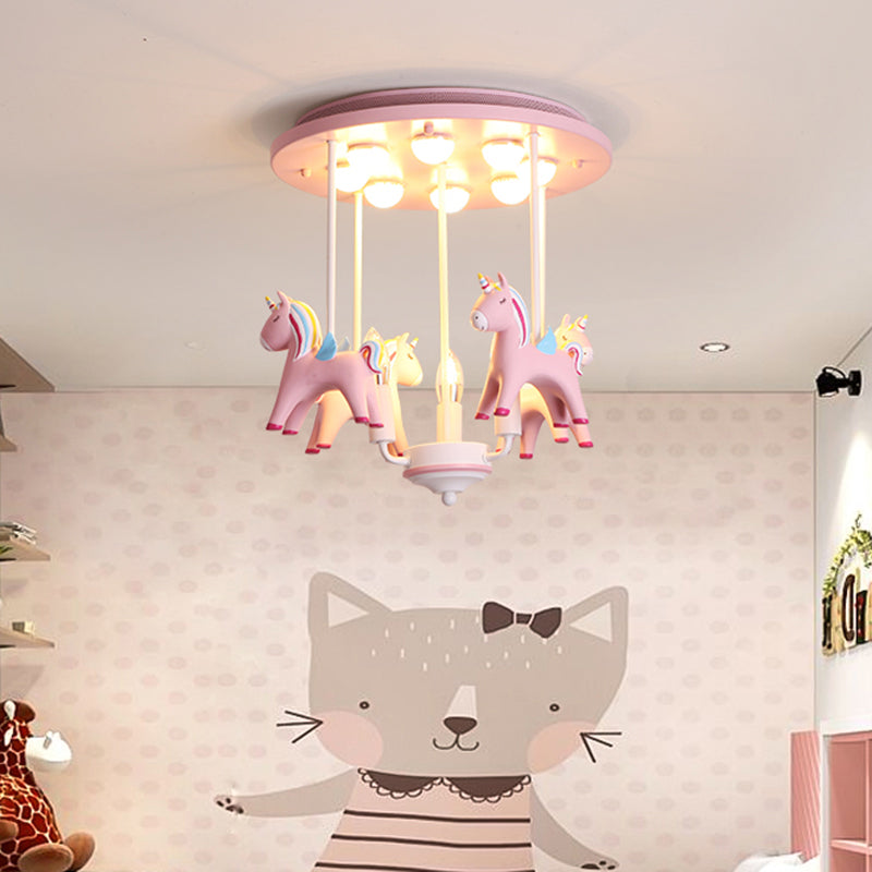 Resin Rainbow Unicorn Ceiling Light Cartoon 11 Bulbs Semi Flush Light Fixture for Child Room Clearhalo 'Ceiling Lights' 'Close To Ceiling Lights' 'Close to ceiling' 'Semi-flushmount' Lighting' 2197209