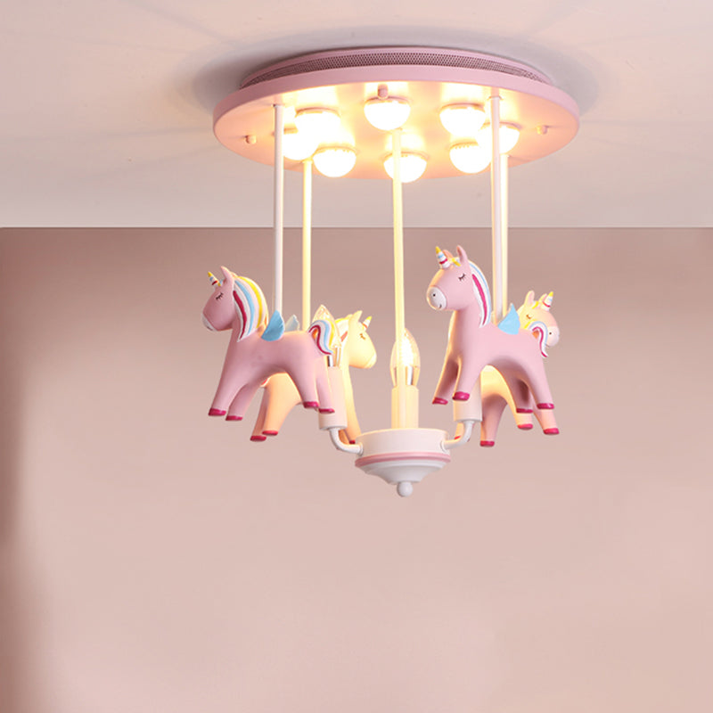 Resin Rainbow Unicorn Ceiling Light Cartoon 11 Bulbs Semi Flush Light Fixture for Child Room Clearhalo 'Ceiling Lights' 'Close To Ceiling Lights' 'Close to ceiling' 'Semi-flushmount' Lighting' 2197210