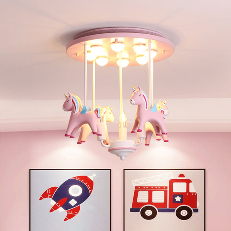 Resin Rainbow Unicorn Ceiling Light Cartoon 11 Bulbs Semi Flush Light Fixture for Child Room Clearhalo 'Ceiling Lights' 'Close To Ceiling Lights' 'Close to ceiling' 'Semi-flushmount' Lighting' 2197211