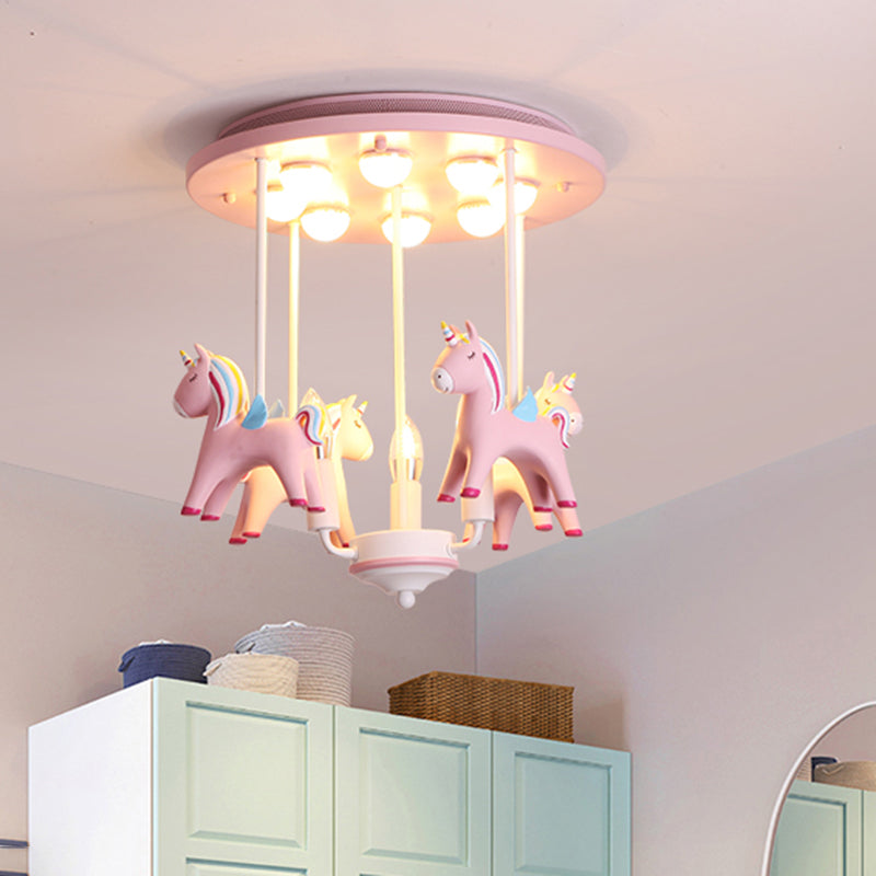 Resin Rainbow Unicorn Ceiling Light Cartoon 11 Bulbs Semi Flush Light Fixture for Child Room Clearhalo 'Ceiling Lights' 'Close To Ceiling Lights' 'Close to ceiling' 'Semi-flushmount' Lighting' 2197213