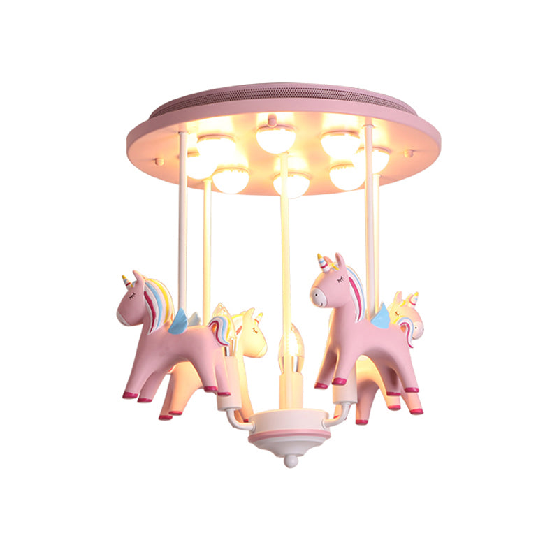 Resin Rainbow Unicorn Ceiling Light Cartoon 11 Bulbs Semi Flush Light Fixture for Child Room Clearhalo 'Ceiling Lights' 'Close To Ceiling Lights' 'Close to ceiling' 'Semi-flushmount' Lighting' 2197214